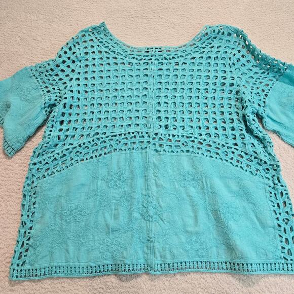 Lane Bryant Crochet Cut-out Top Bell Sleeves Teal Sz 20 Bohemian Craftcore - Picture 6 of 9